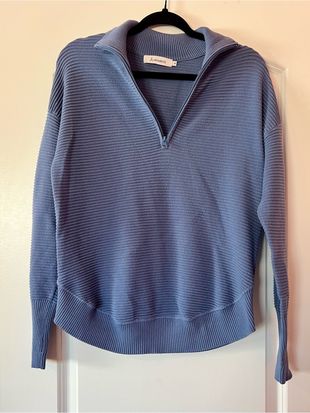 Anrabress Ribbed Half-Zip Cowl Sweater in Light Blue